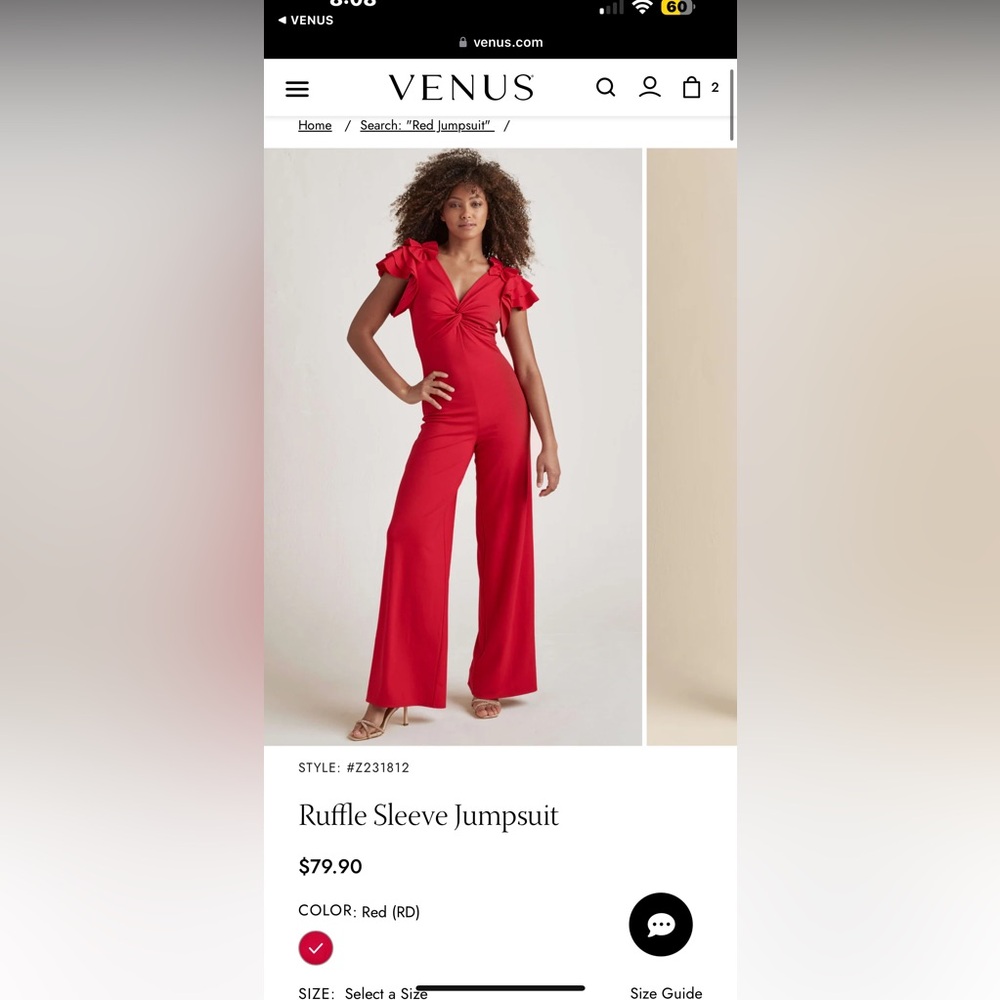 Venus ruffle sleeve jumpsuit in red. Size 20